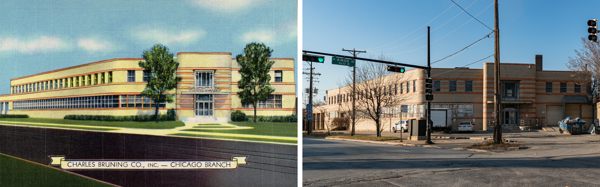On the left, a 1943 postcard of the Charles Bruning Co. factory. Yellow brick, orange terracotta in long, horizontal bands. Two young trees in front. Streetcar tracks visible on the street. On the right, a 2020 photo of the building looking much the same. 