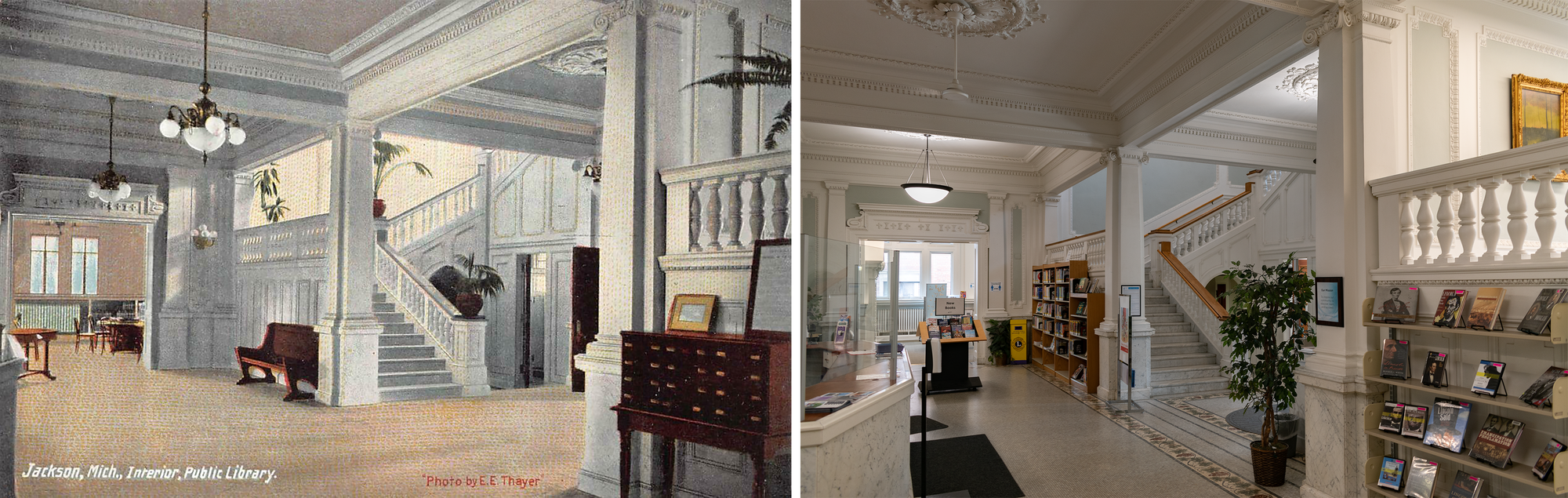 Postcard on the left: lobby, lots of white, ornate metal lamps, a wooden bench, a surprising amount of plants and ferns. Photo on the right: more books in shelves on display, one potted plant, increased signage.