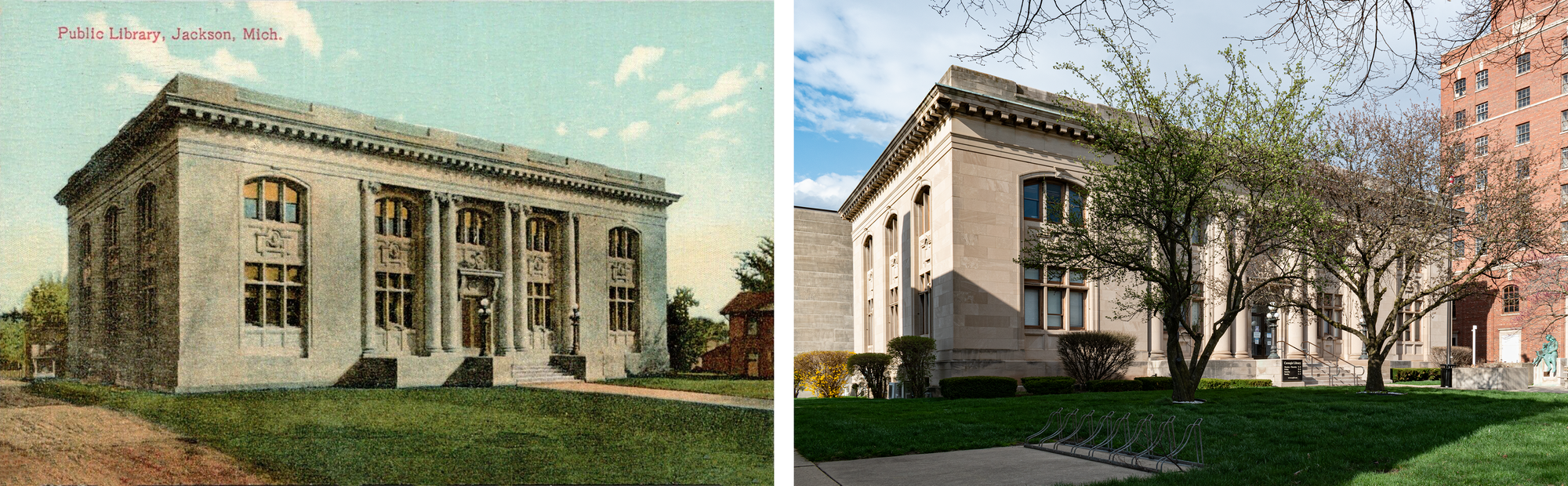 On the left, the postcard with text, "Public Library, Jackson, Mich". No trees, dirt alley, otherwise looks similar. On the right, 2021 photo with two trees, crappy bike rack, tall brick vacant hotel building now next door.