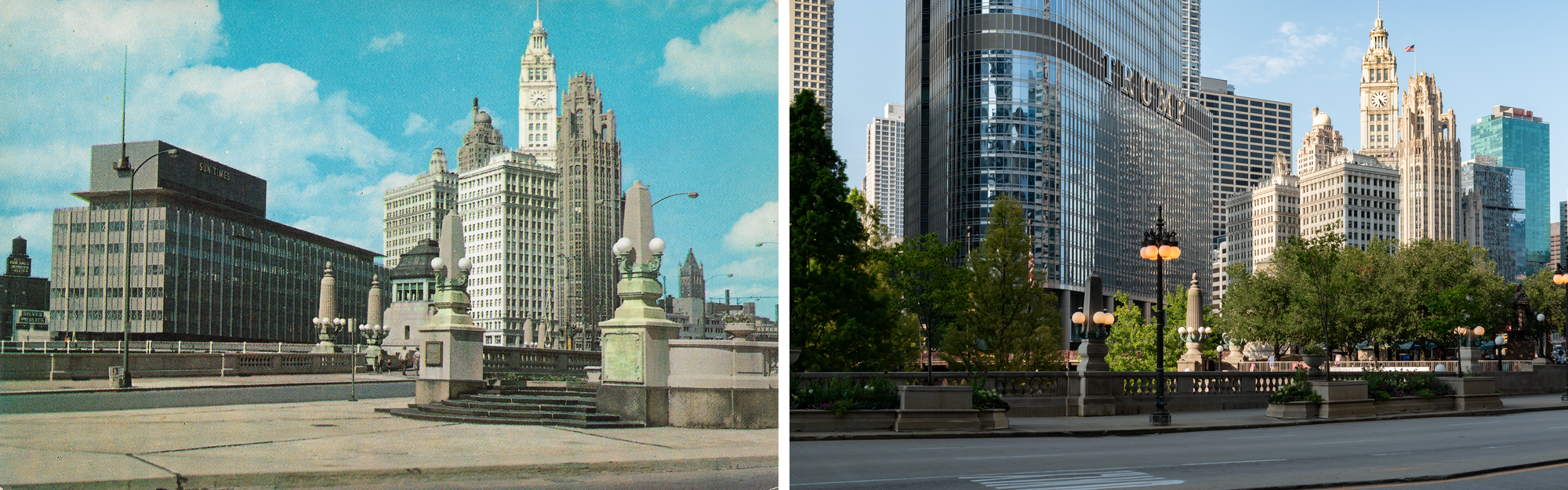 On the left, the ~1960 postcard: Chicago Sun-Times Building, Wrigley Building, Tribune Tower, Hotel Intercontinental visible. A plaza with steps and two limestone obelisk light fixtures in the foreground. On the right, the 2023 photo: Trump Tower, more towers, more trees. The plaza is gone and the obelisks moved to the river side of Wacker Drive.