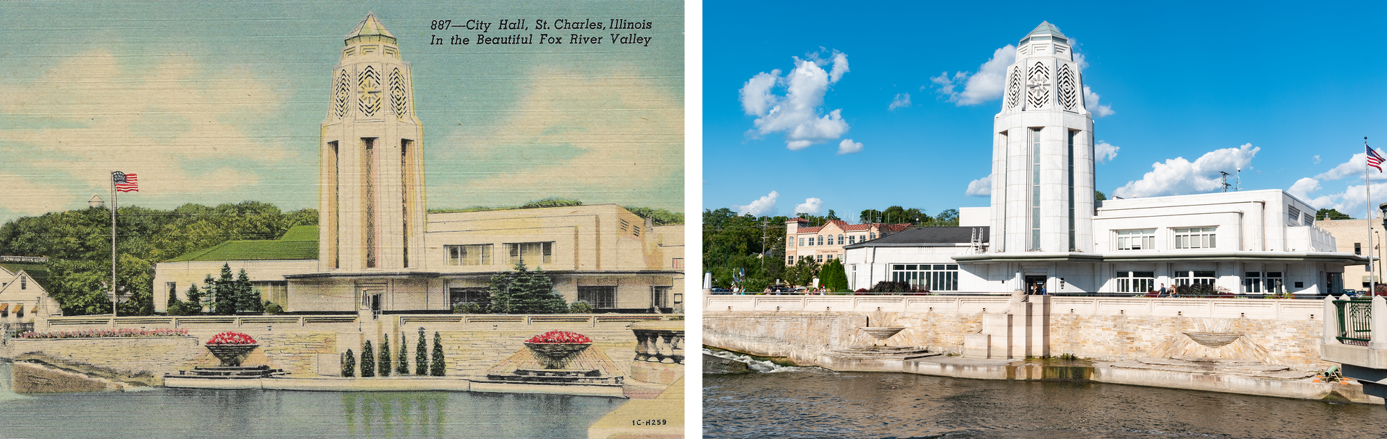 On the left, a 1940s linen postcard of the St. Charles Municipal Center. White stone riverwalls down to the Fox River, white horizontal building with hints of bluish green and an octagonal tower. On the right, a photo from 2021 where it looks much the same. Less greenery and vegetation. 