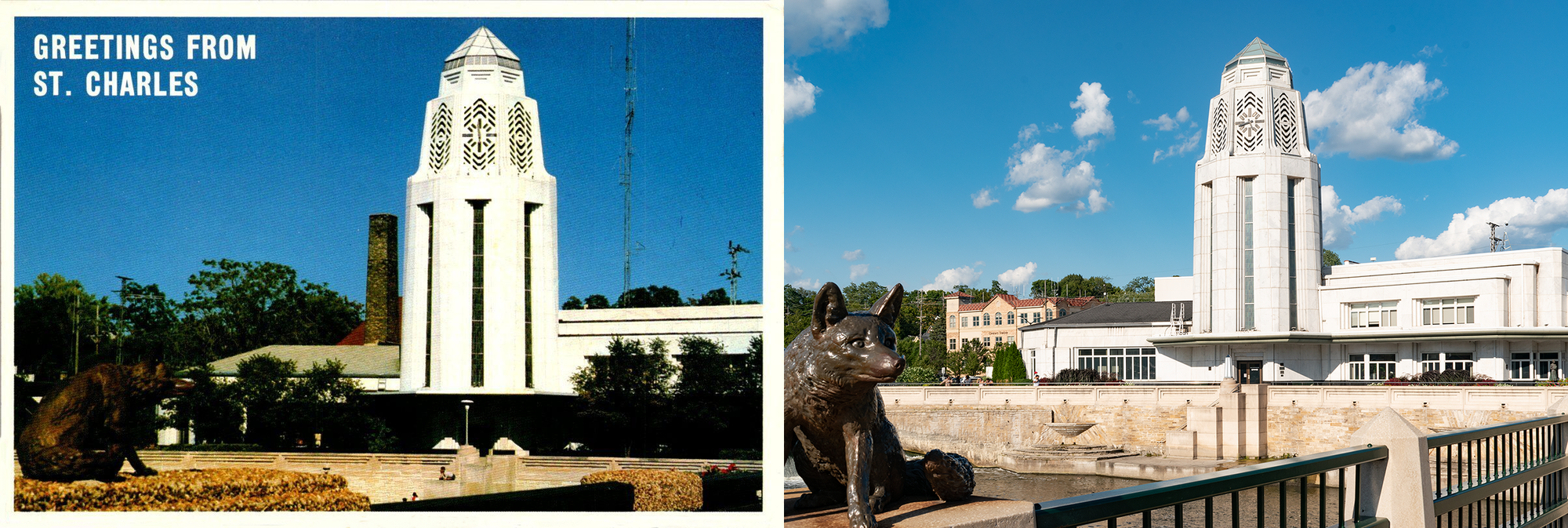 Photo postcard on the left with a bronze fox statue in the foreground and a smokestack to the left of the tower. On the right, a 2021 photo: the fox is facing a different direction and the smokestack is gone.