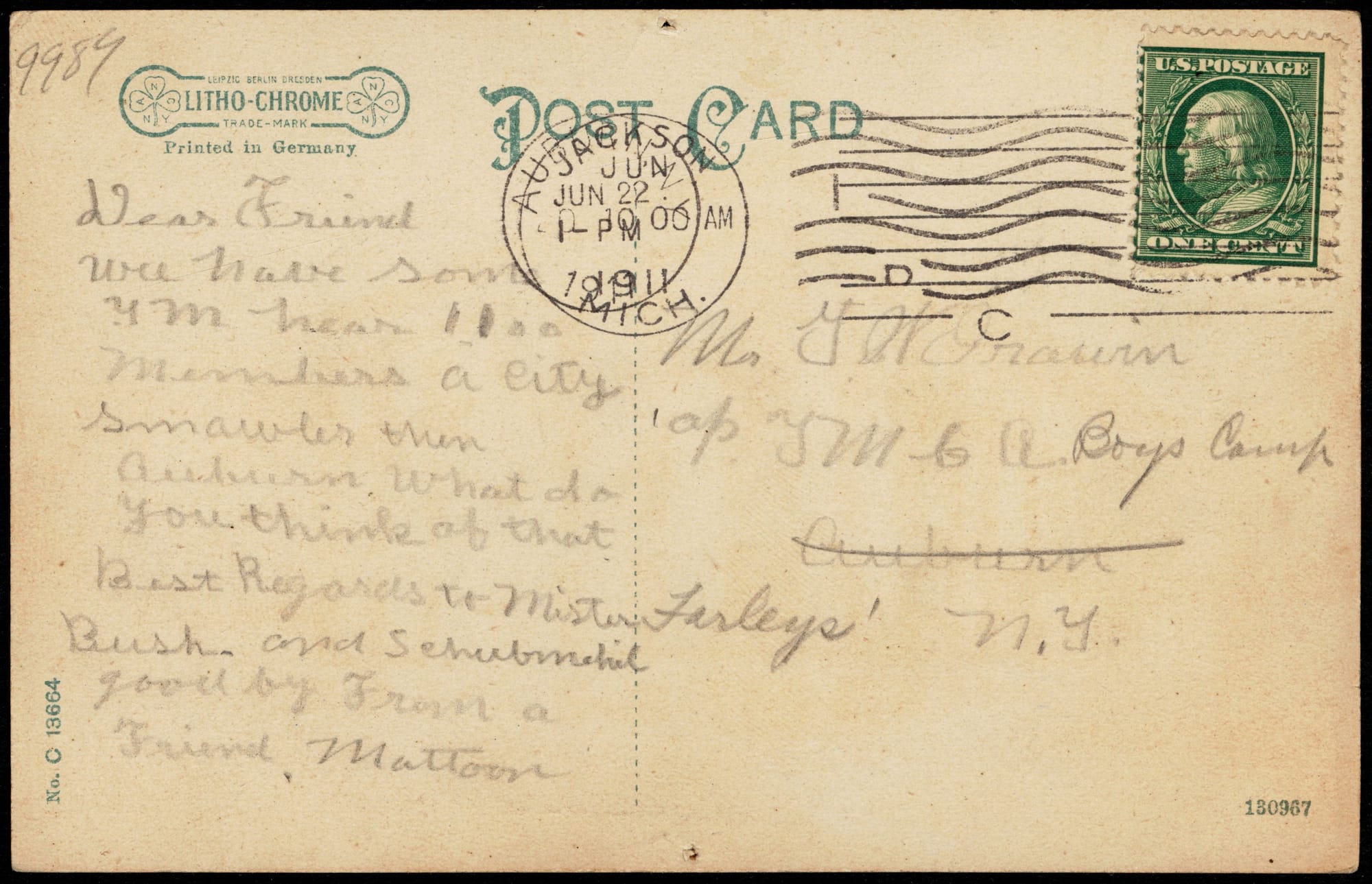 1911 postmarked postcard sent from Jackson to someone in New York State
