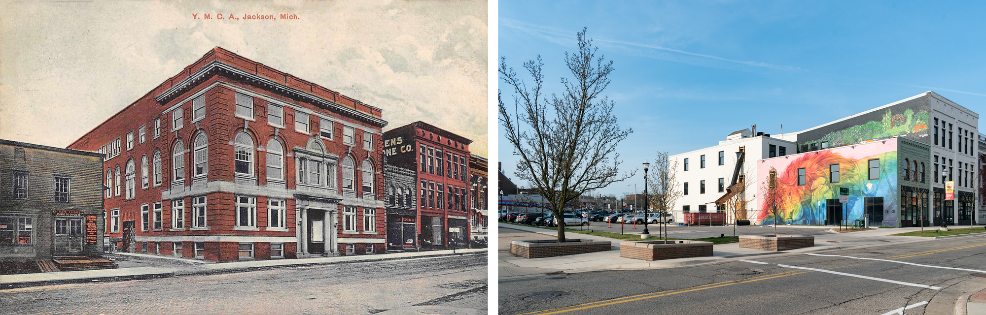 On the left, 1911 postcard with a wood frame two-story building, an alley, the 3.5 story masonry YMCA, a two-story stone building, three story brick building. On the right, 2021 photo, two buildings demolished for a parking lot, murals on the restored survivors.