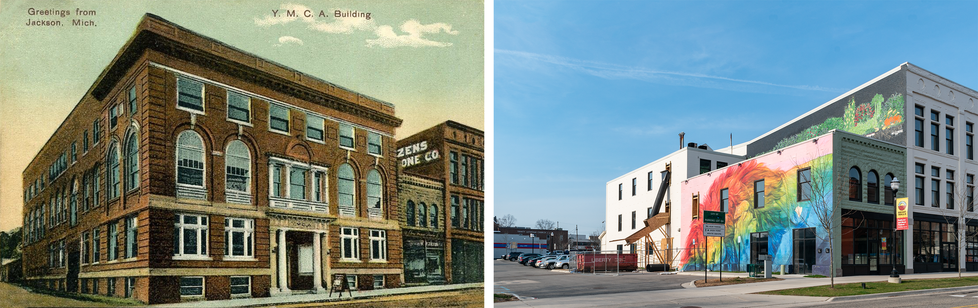 On the left, a postcard of the YMCA, the stone building, and the three story commercial building, with text "Greetings from Jackson, Mich.". On the right, the stone building and the three story building remain, rainbow lion painted on the side of the stone building, a parking lot and a dumpster.  