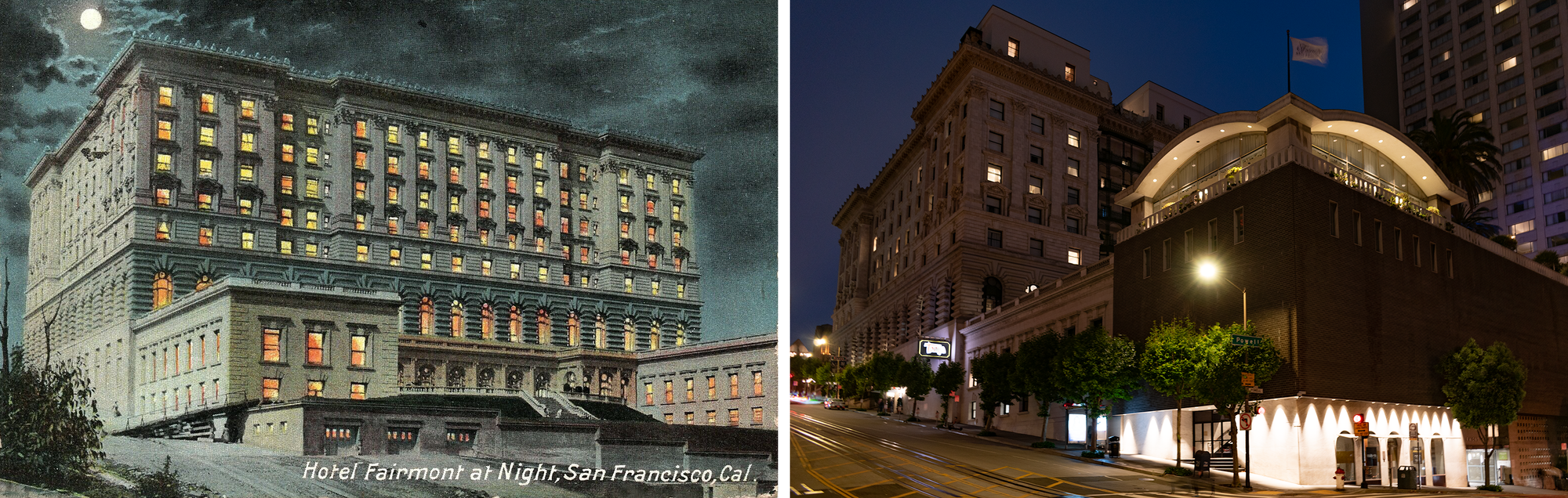 Postcard on the left: Fairmont at night, room lights illuminated, bright moon, roughly six stories with sub-levels tumbling down to the street. Photo on the right: brownish modernist block on the corner and a tower on the right, small green trees.