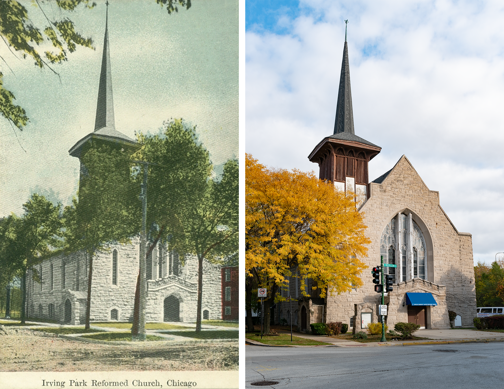 Postcard on the left: green trees, stone church, big wooden telephone pole. Photo on the right: yellowish fall leaves, stone church.
