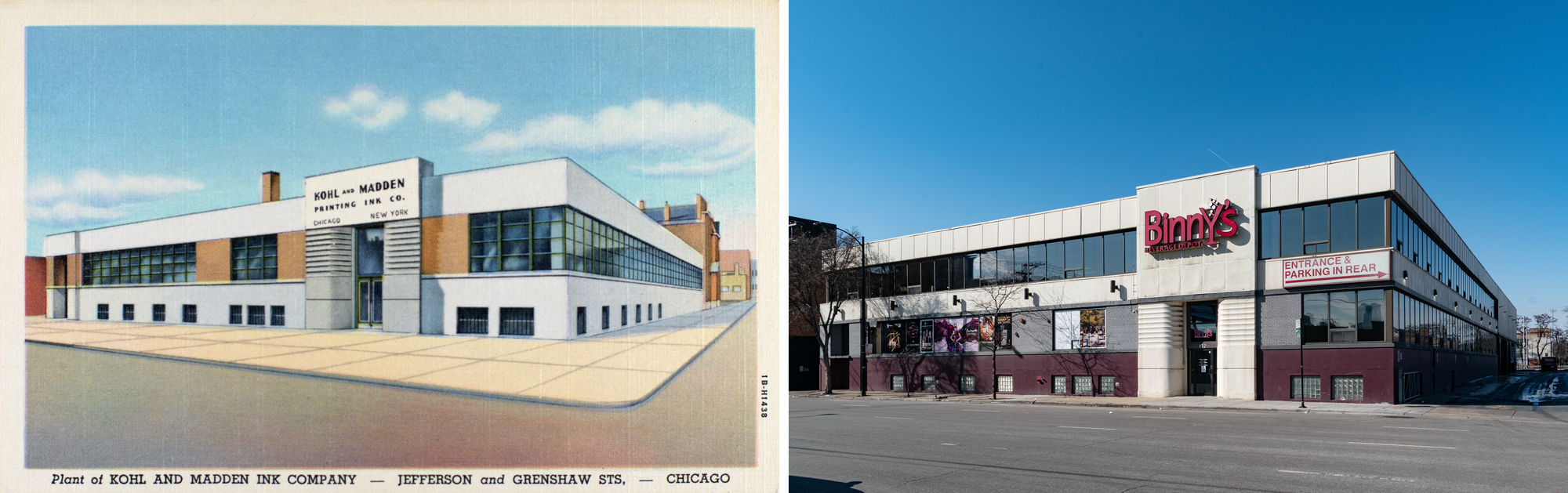 On the left, the postcard of the ink factory: 1.5 stories, white and brick face, ribbon windows, neighboring buildings. On the right, the 2024 photo: an extra story, new windows, Binny's sign, purple and red color scheme, new addition to the back.