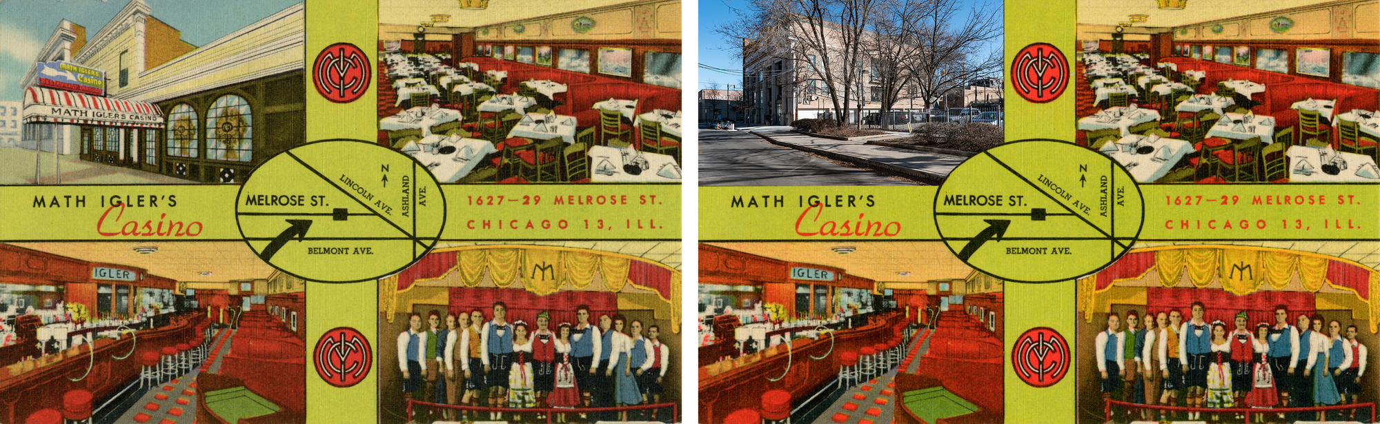 Four panel postcard with the building in the top left, the dining room top right, bar bottom left, and the singing waiters in costume in the bottom right.