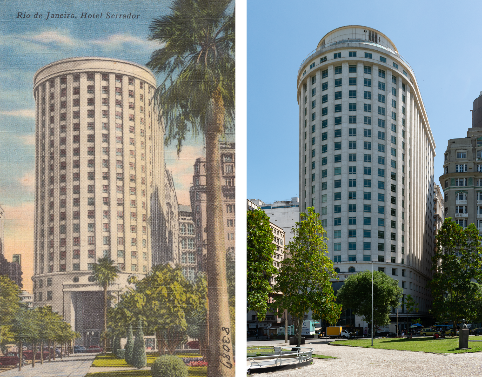 Color linen postcard on the left: a walkway lined by trees, a tall greyish-white building at the end of it with a four story entryway, the building is curved on the front. Photo on the right: a plaza with trees and a bronze bust, building looks the same but there is small addition on top.