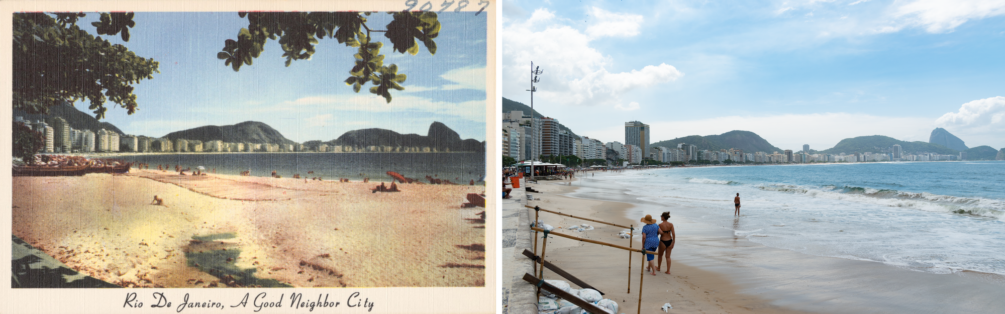 Postcard on the left: yellow sand beach in foreground curving on a bay, lined with buildings, and with green hills behind. Photo on the right: green hills, still lined with buildings but they're taller, beach is configured differently.