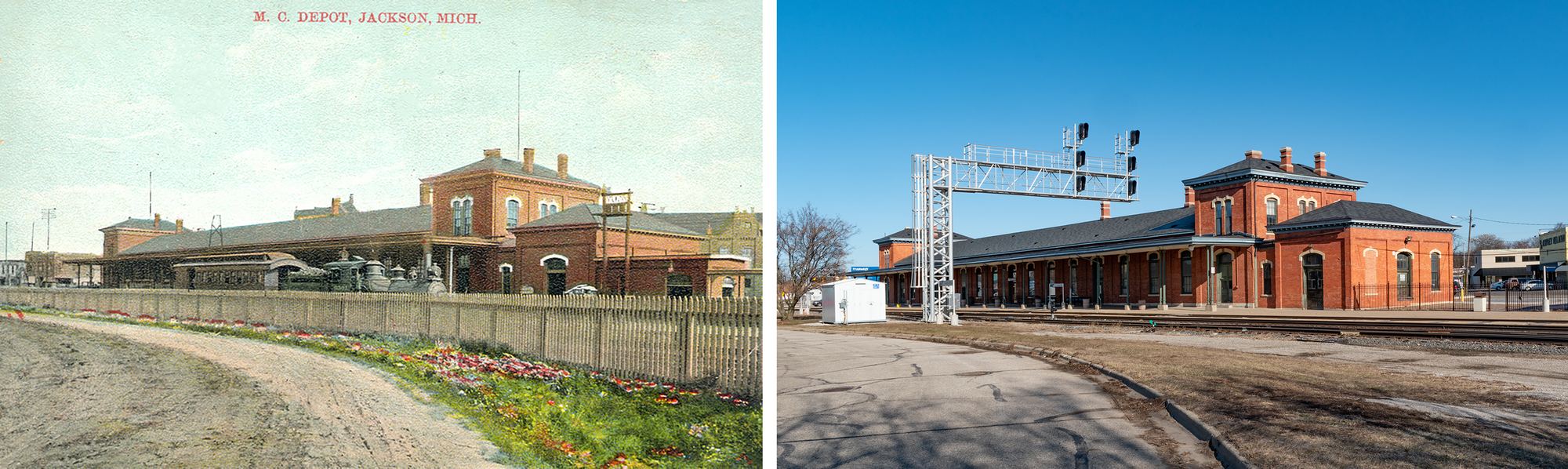 Postcard on the left: the track side of the station with a locomotive and one coach car standing, wood picket fence, dirt road with wildflowers. Photo on the right: metal signal bridge, no fence, asphalt road, demolished mail annex.