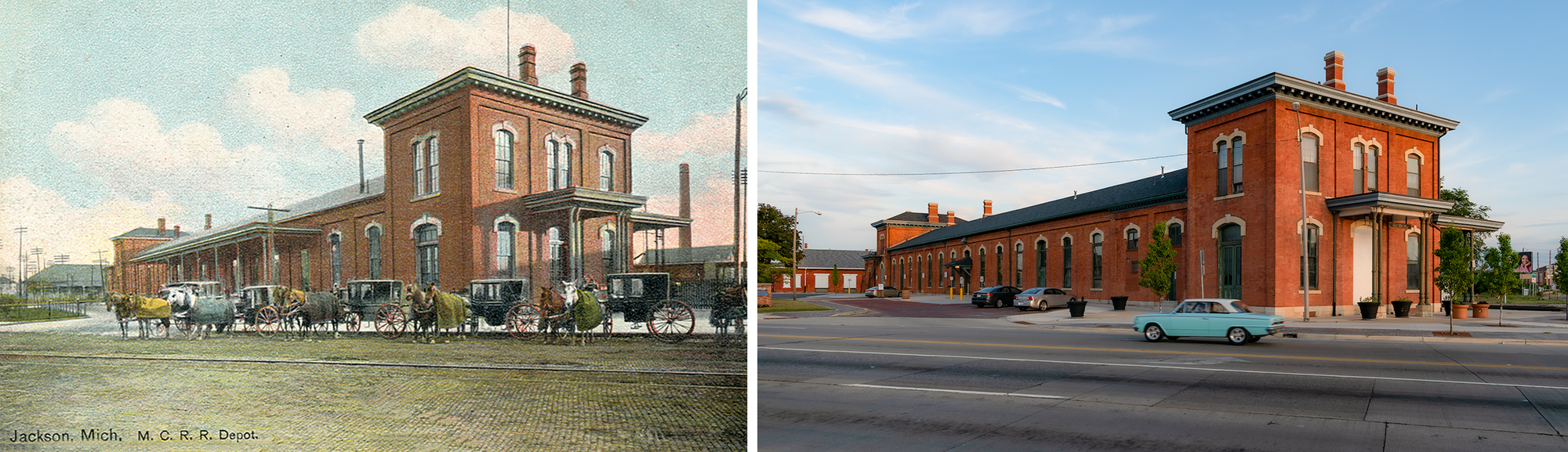 Postcard on the left: low-slung masonry station one story in the middle with two story ends, five horse carriages waiting out front. Photo on the right: brick station looking red with greenish trim, a small turquoise car drives past.