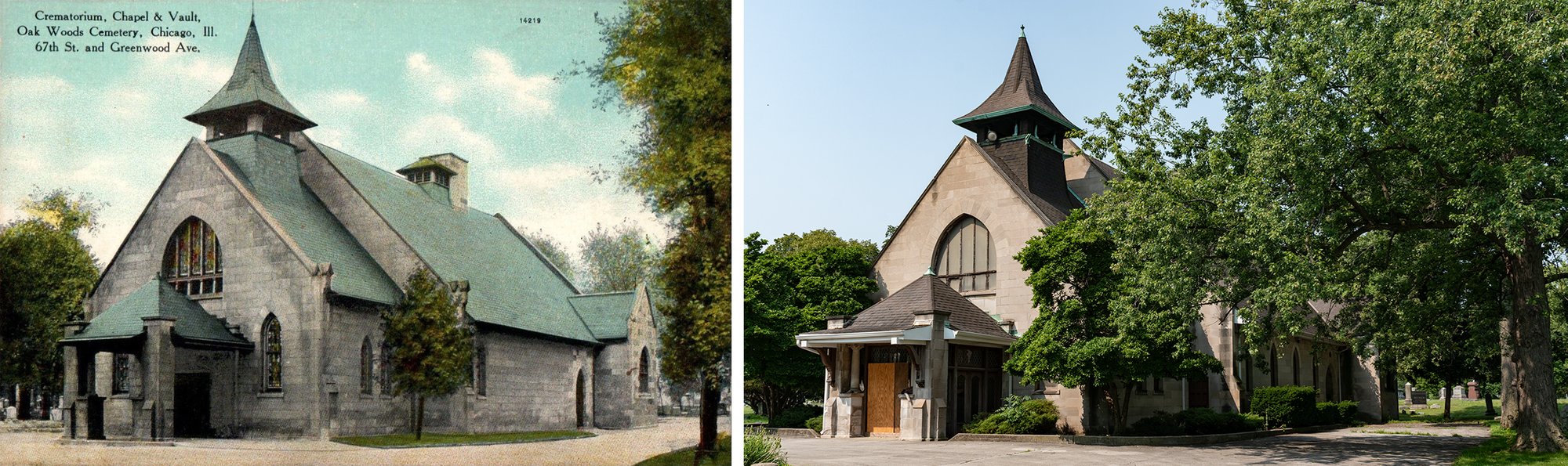 Postcard on the left: grey limestone church with a green shingle roof, small trees, stained glass, a porte-cochere. Photo on the right: plywood on the front entrance, black shingles, BIG trees, stained glass hard to see but still there. 