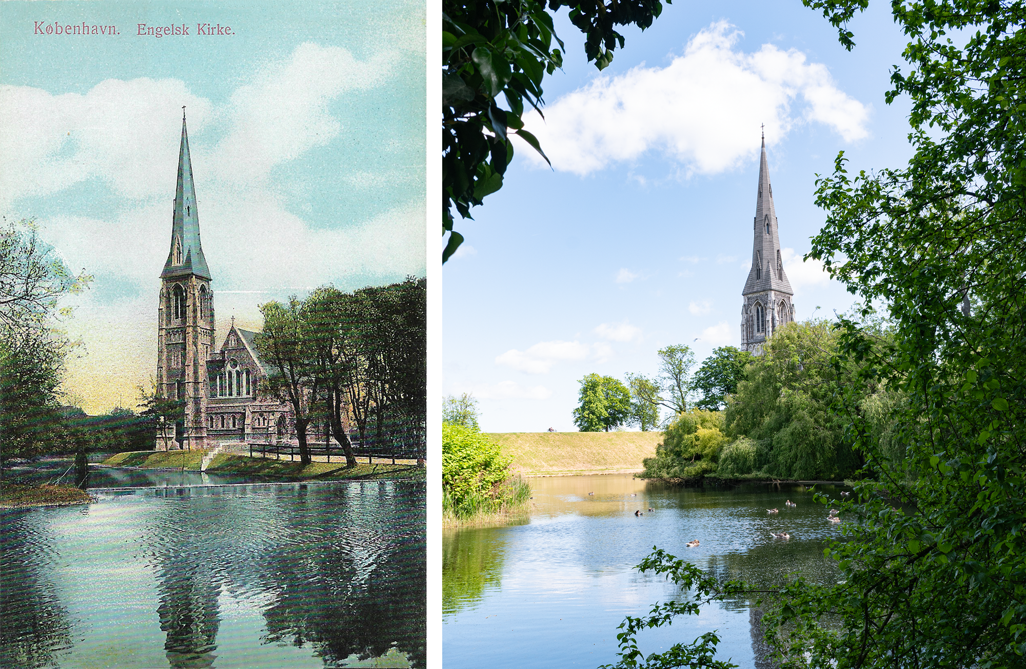 Postcard on the left: blue moat, little dam, grey church in the center in the with a blueish steeple, spindly looking trees. Photo on the right: grey church, ducks in the moat, lush foliage. 
