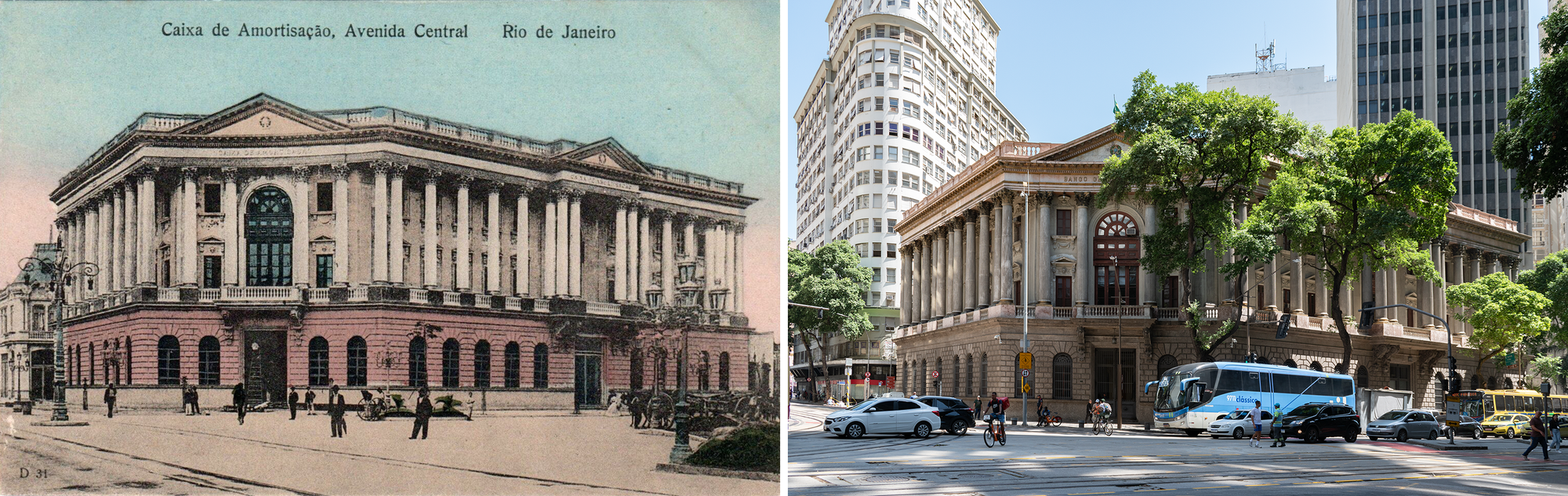 Postcard on the left: 3.5 story neoclassical building with a reddish first floor, columns and pediment, horse and buggies in the street with streetcar tracks visible. Photo on the right: neoclassical building with reddish-brown first floor and greenish-gray floors above, looking very similar, street trees, two tall buildings behind, people on bikes, cars, blue bus, streetcar tracks.