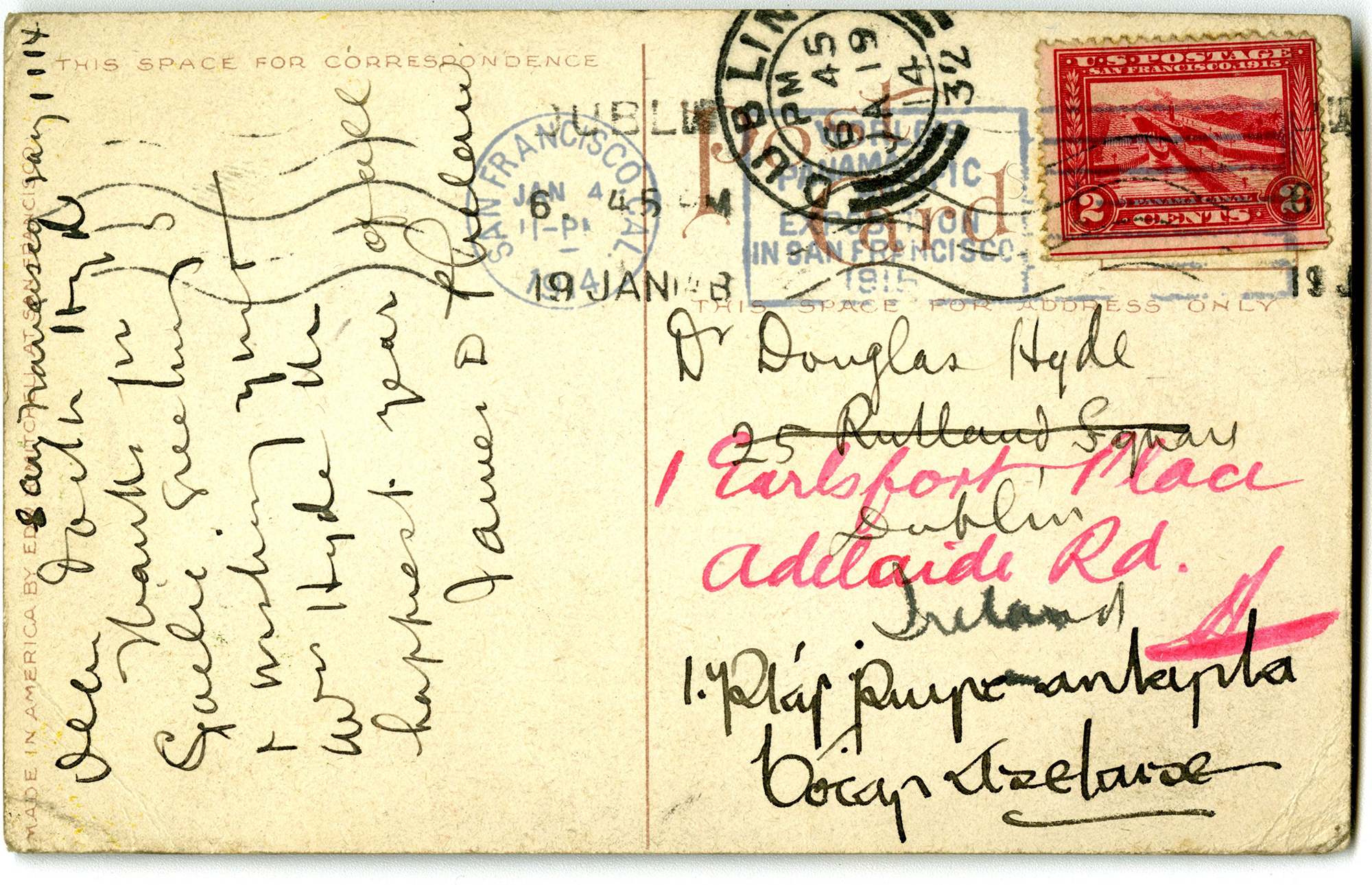 Postcard verso postmarked January 4th, 1914 from James D. Phelan to Douglas Hyde