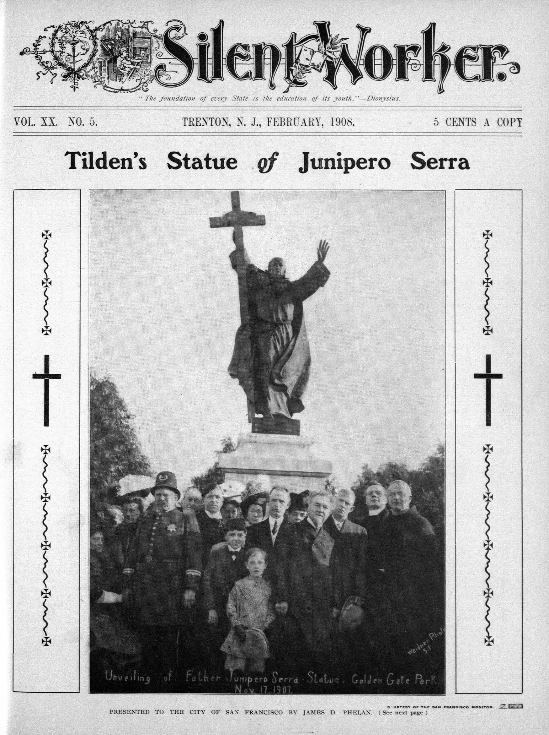 Cover of the Silent Worker newspaper with a photo of the dedication of the Serra monument