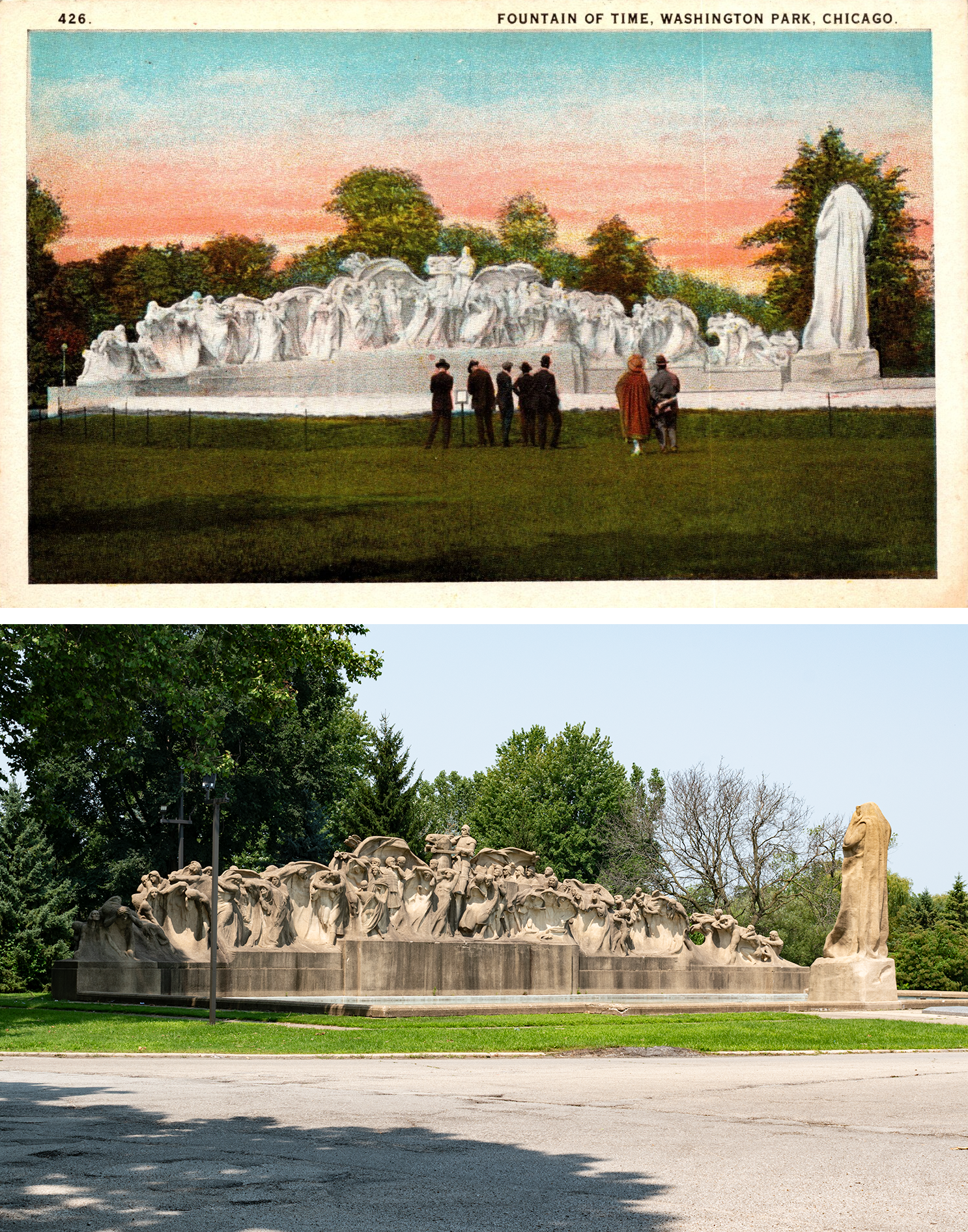 Color postcard above: monumental white statue of a figure watching many other figures, five men stand in front looking at it in black, silly little light pole. Photo below: cracked concrete on the pool, sculpture otherwise mostly unchanged, replaced grassy lawn with asphalt.