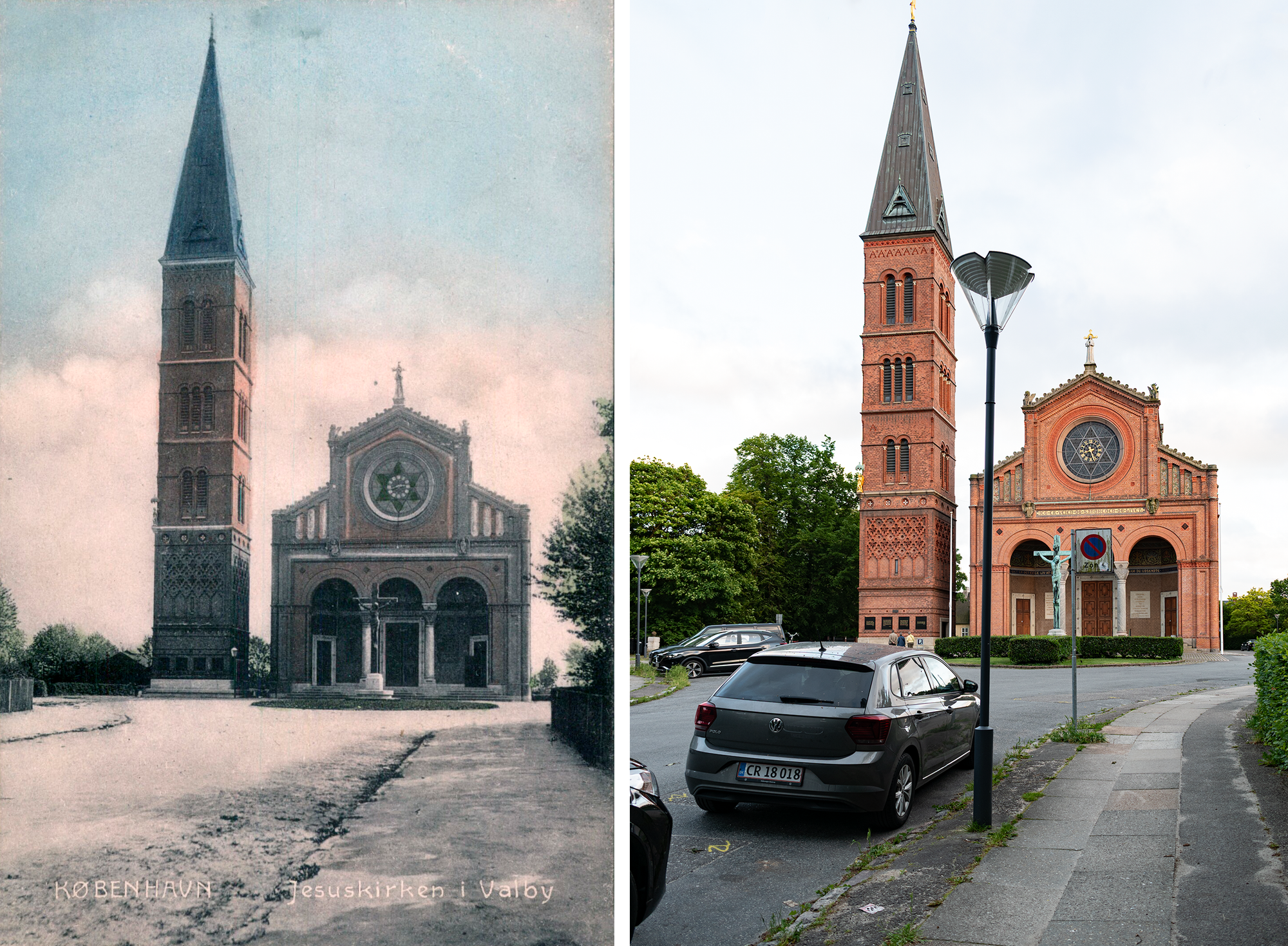 Postcard on the left: a church with Jesus on the cross in front, big rose window with a Star of David, tall tower next to the church. Photo on the right: church looks the same, light posts, parked cars, hedges and bigger trees.