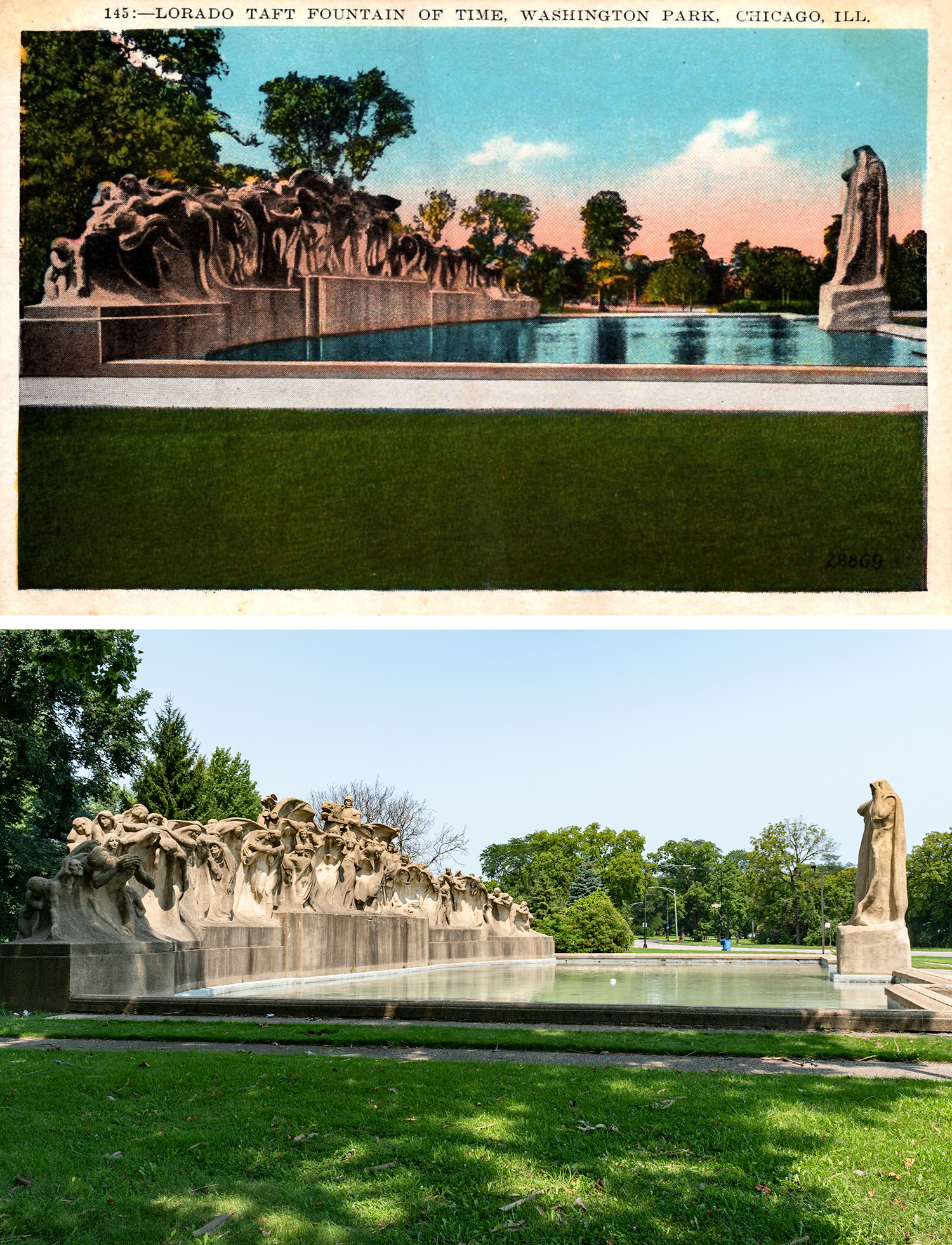 Color postcard above: Fountain of Time from the side with Time on the right and the procession of humanity on the left with the reflecting pool between. Photo below: looks similar, there's broken sticks in the grass, and a blue garbage bin in the distance.