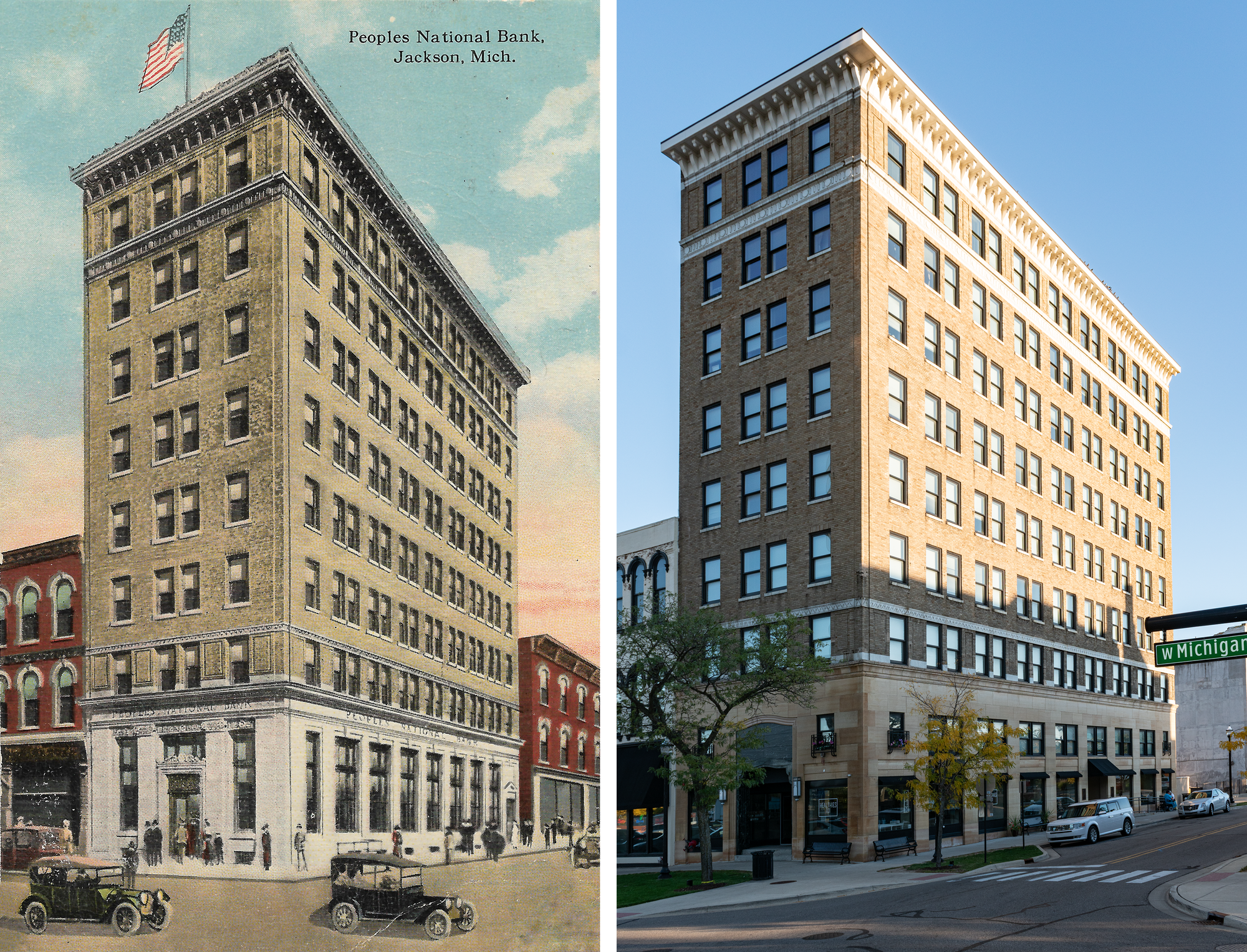 Postcard on the left: three old-timey cars, many pedestrians, Peoples National Bank incised in the facade on both sides, topped with a US flag. Photo on the right: no flag, no pedestrians, bumpouts, Art Deco first floors.
