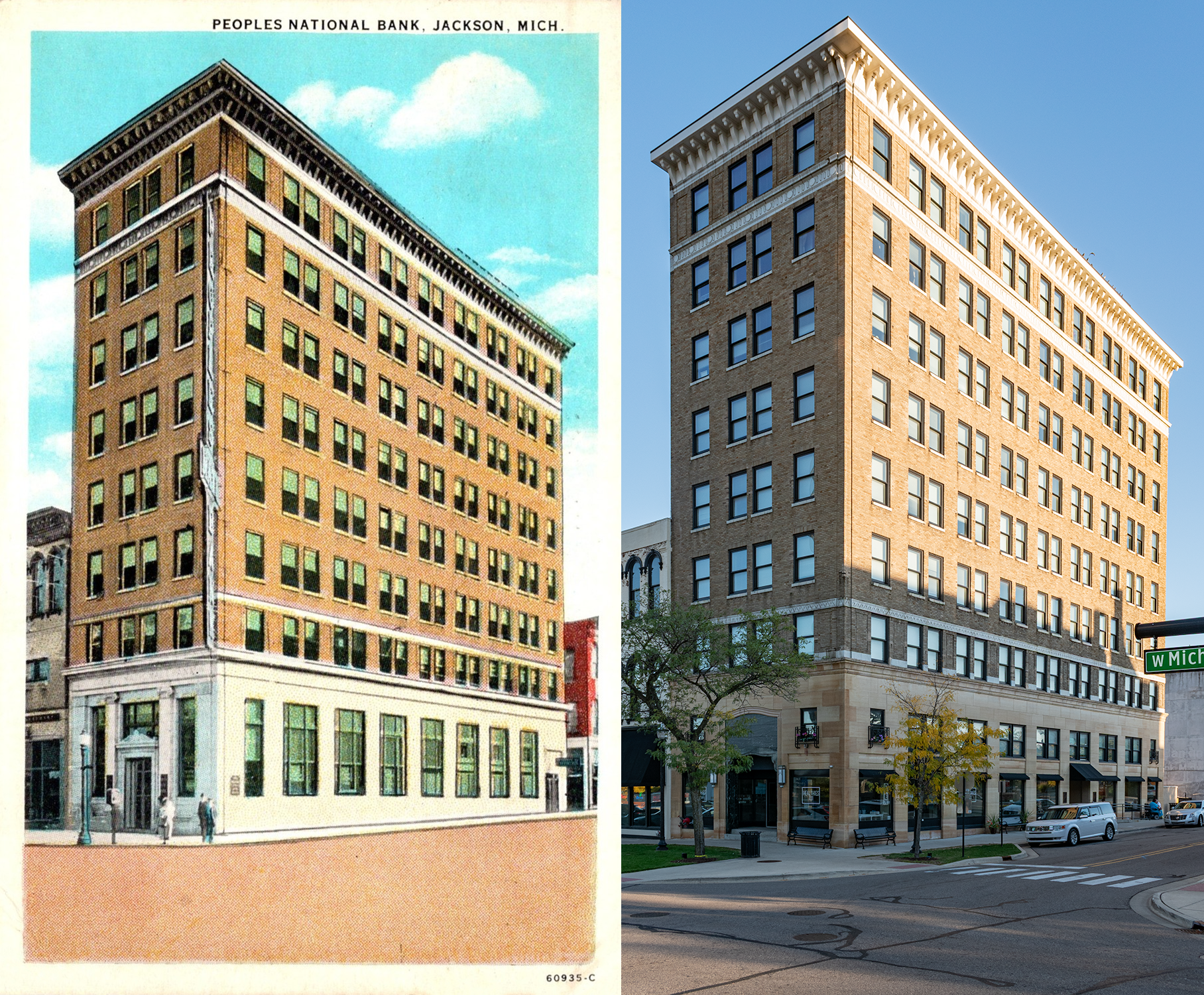 Color postcard on the left: thin eight story tower with beige brick and a white base, pronounced cornice, a sign hangs down. Photo on the right: thin eight story tower with a yellow beige Art Deco base, wider sidewalks, no sign.