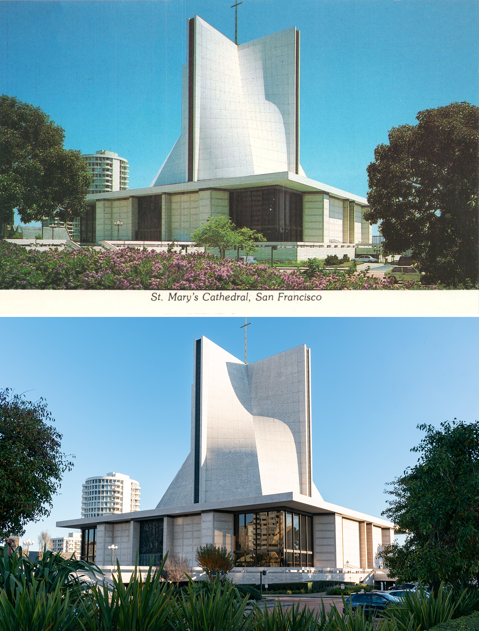 Color photo postcard above: a striking white modernist church, undulating folds atop a square base, a cross on top, a sunken parking in lot front, green foliage. Present-day photo below: everything looks exactly the same except the foliage has changed a bit and the cars in the parking lot are newer.