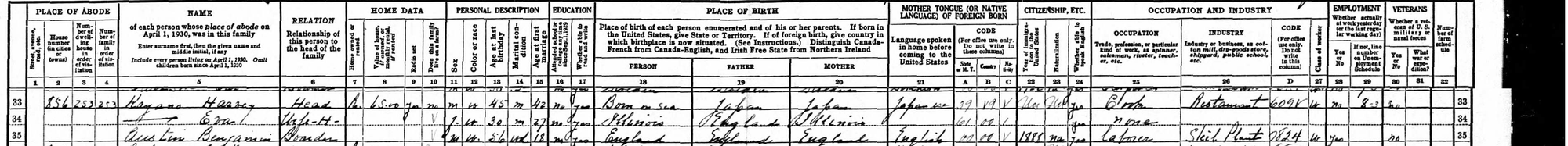 Census entry with name, home data, personal description, place of birth, citizenship status, etc.