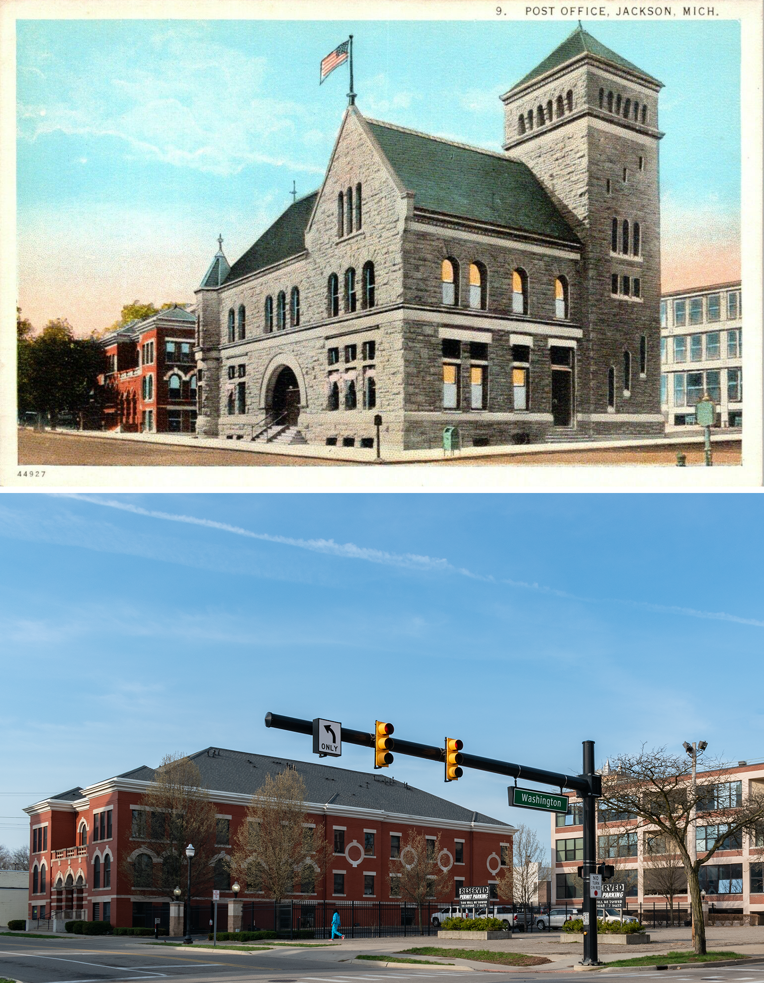 Postcard on top: large three story grey stone building on a corner with a tower with a flag flying, a red brick building to its left, a three and half story building to its right. Photo below: parking lot on the corner with signs that say "RESERVED PERMIT PARKING", red brick building to the left and former factory to the right, a man in a bright blue tracksuit cutting through the parking lot.