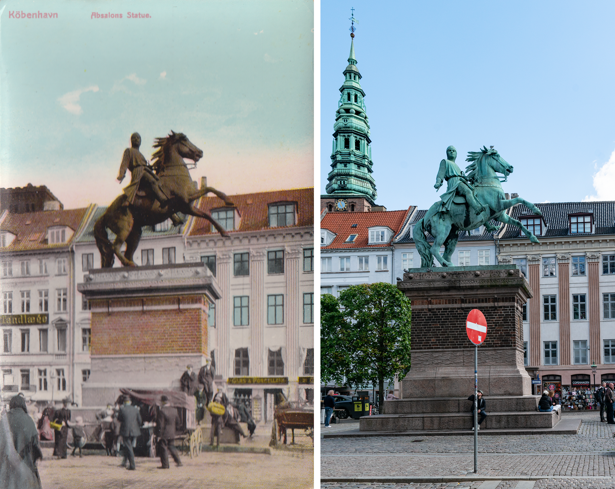 Color tinted photo postcard on the left: an equestrian statue, brown, on a brick plinth on a square, people are selling something out of a cart, there are three story buildings behind with signs advertising a dentist's office, etc. Photo on the right: no carts, one tree, people sitting on the base of the plinth, the statue has patina'd, the tower in the background now has a big green copper spire.