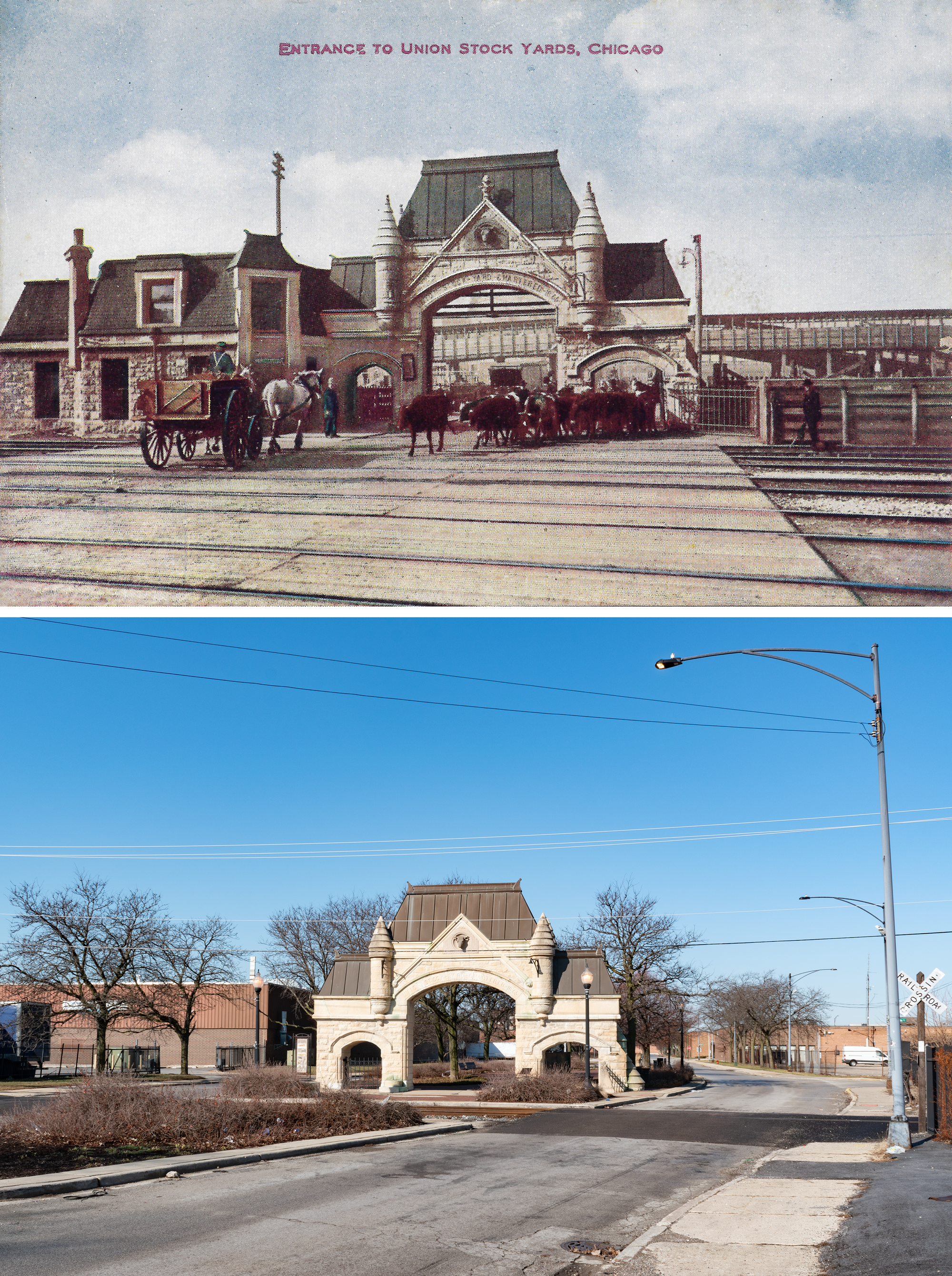Color V.O. Hammon postcard above: cattle standing outside a stone gateway, a man on a horse-drawn cart approaching, a bunch of railroad tracks in the foreground. Photo below: stone gateway still standing, one line of railroad track still there, stone guardhouse to the left is gone, modern brick and metal warehouses in the background.
