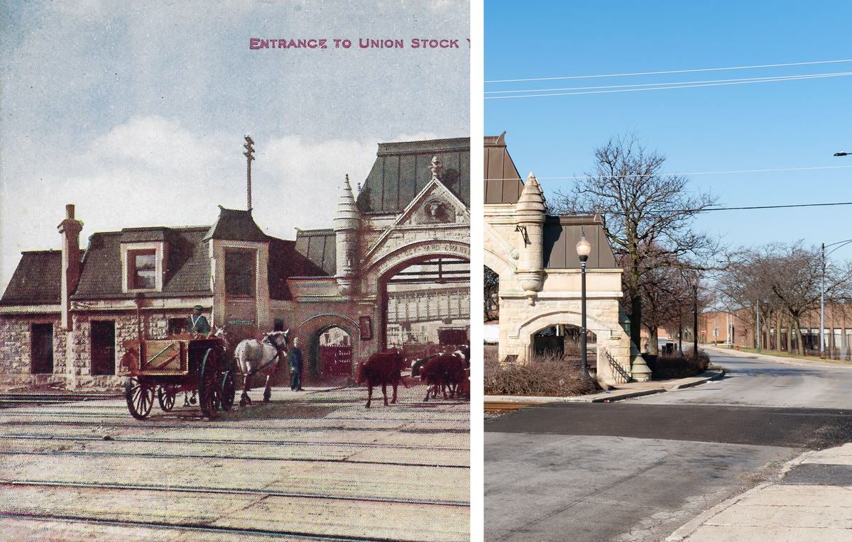 Color postcard of the stockyards gate with a horse-drawn cart and cows, combined with a current photo.