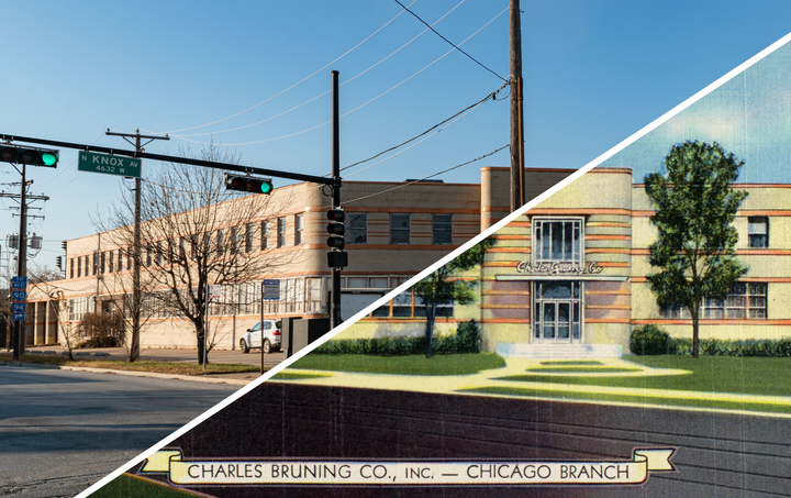 Merged image combining a 2020 photo with a colorful 1943 postcard of a yellow and orange two-story factory