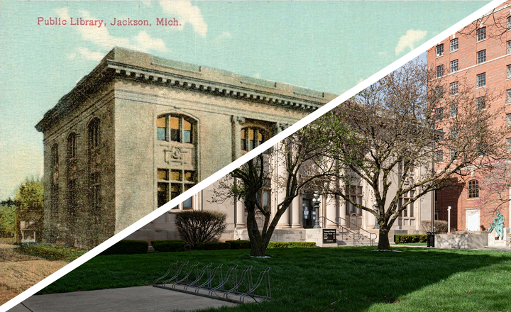 Merged image of a 1910 postcard of the Jackson Carnegie Library with a 2021 photo