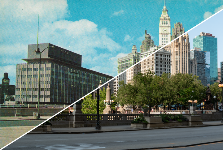 Merged image of the 1960 postcard with the Chicago Sun-Times building on the left and the 2023 photo on the right.