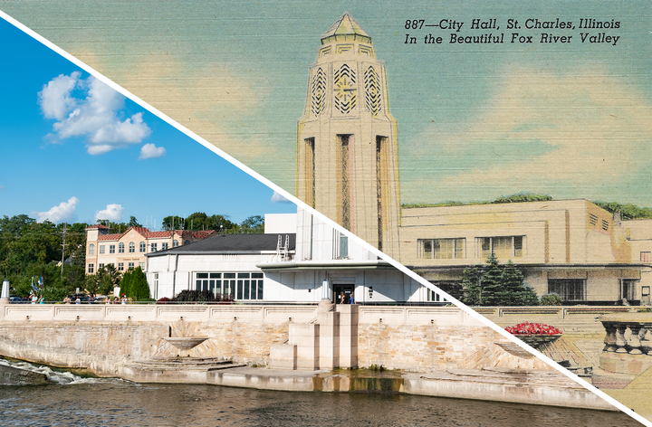 Merged image of a 1940s postcard of the St. Charles Municipal Center with a 2021 photo of it.