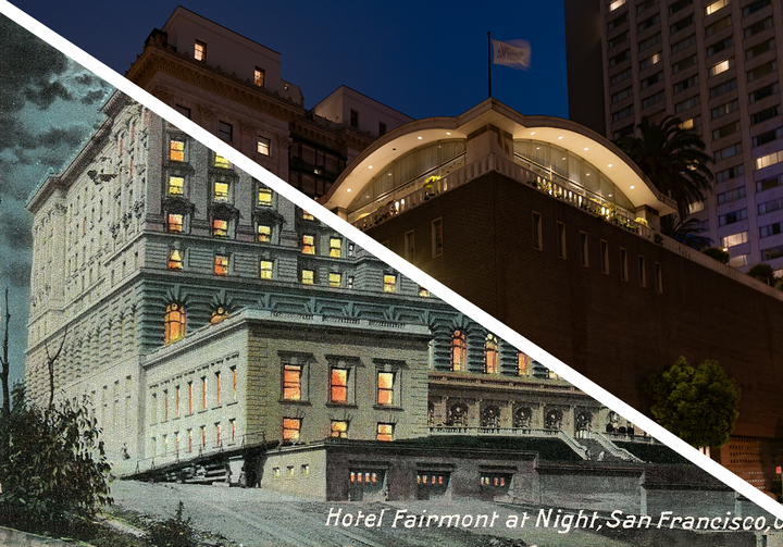 Merged image of 1909 postcard and 2022 photo of the Fairmont at night.