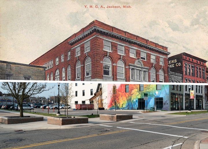 Merged image of 1911 postcard of Cortland Street and a 2021 photo