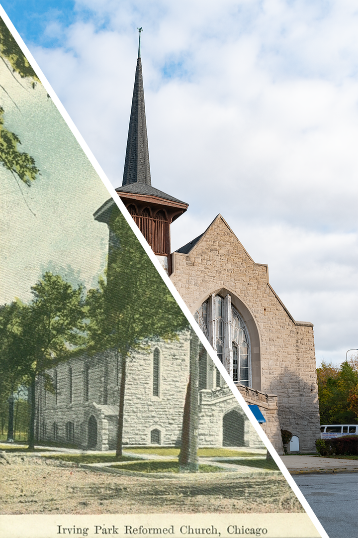 Merged image of the postcard and a recent photo, postcard text says, "Irving Park Reformed Church, Chicago".