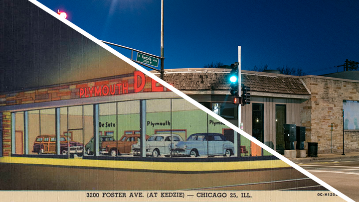 Merged photo of a 1950 postcard and a 2024 photo of the former auto showroom.